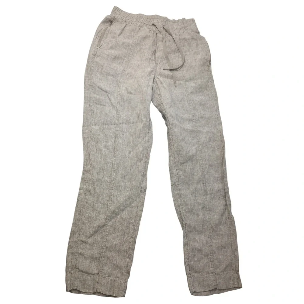 Athleta Cabo Linen Pants Women Brown Heater Tan Striped Relaxed Fit XXS Pull On